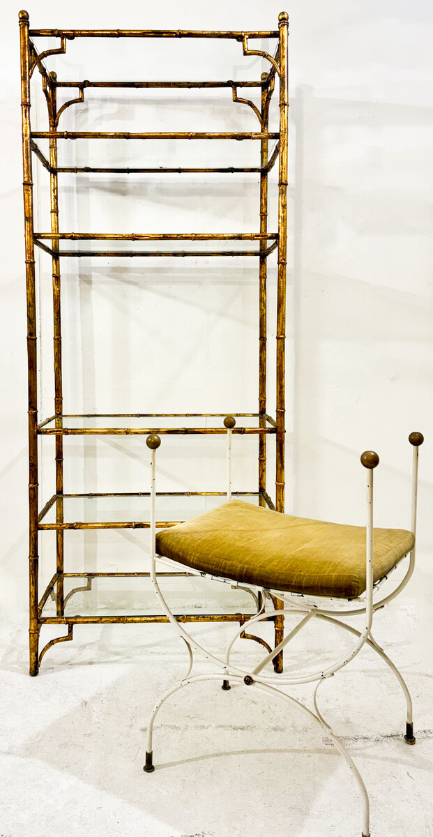 6-tier shelf in steel and gold metal imitation bamboo, glass shelves, style of Maison Baguès, mid-modern-century, France