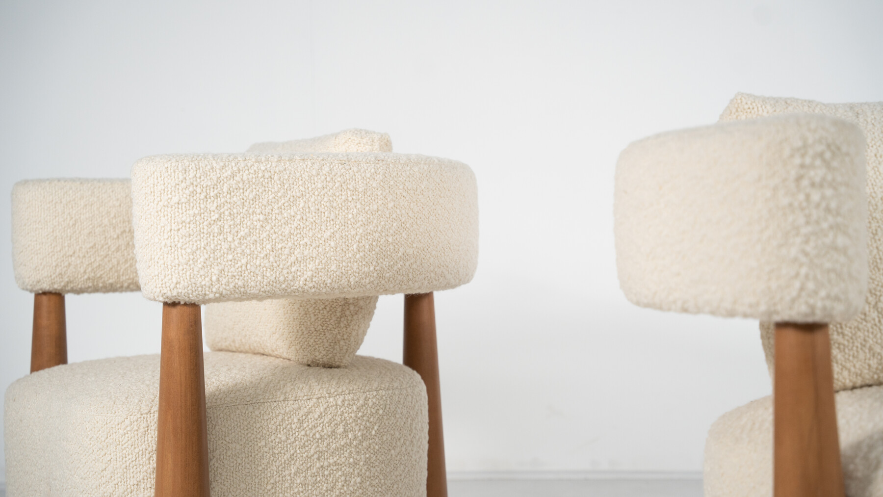 Contemporary Pair of Italian Armchairs, Wood and White Boucle Fabric