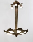 French Art Deco Frosted Glass and Bronze Pendant Chandelier, 1920s