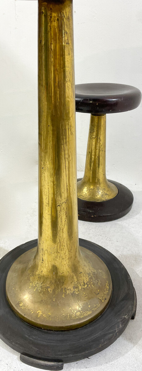 Mid Century Brass and Wood Cruise Ship Stools and Table, English