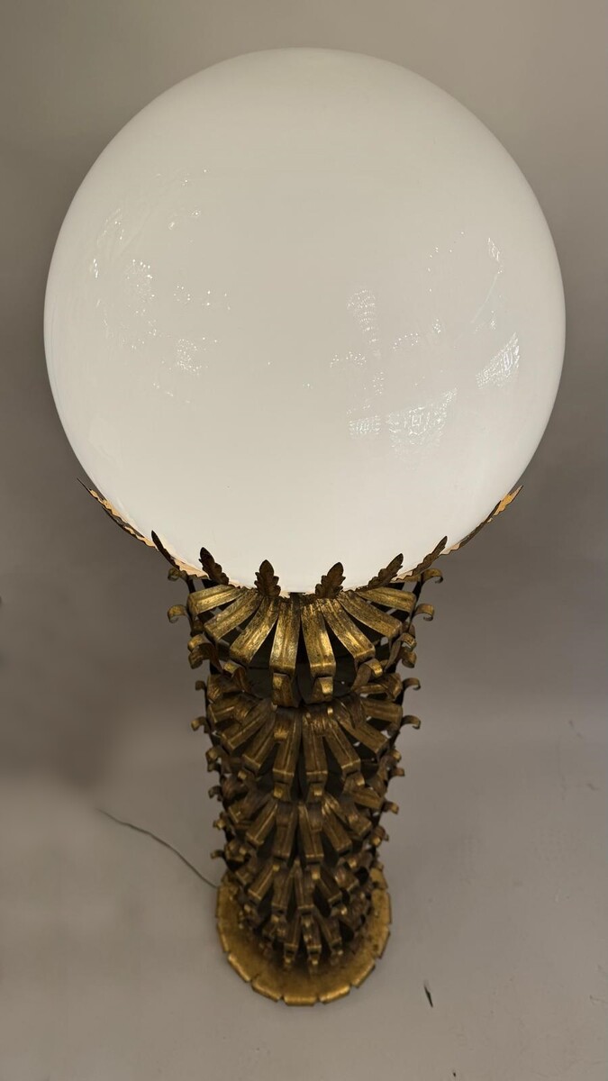 Mid-Century Floor Lamp, Gold Metal and Opaline Glass