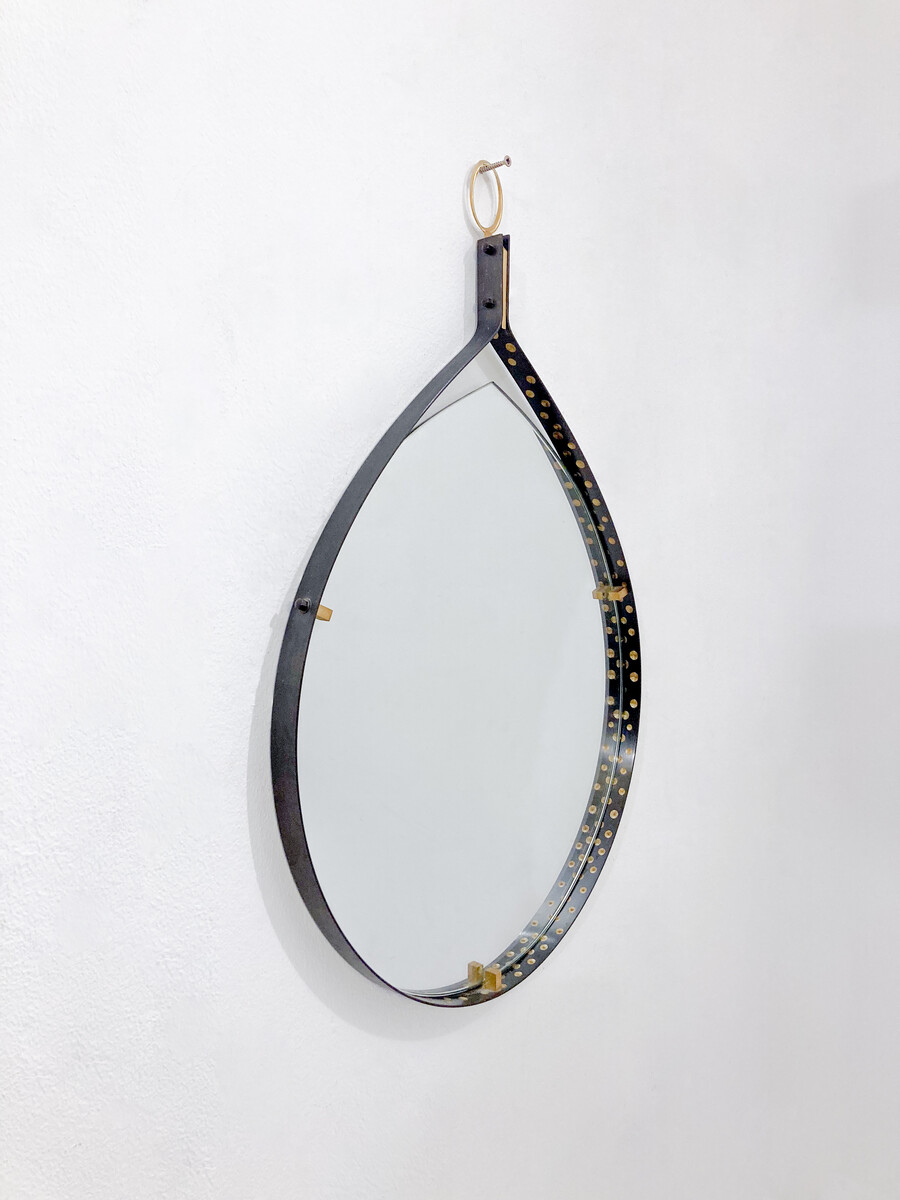 Mid-Century Modern Brass and Steel Drop-Shaped Mirror, Italy, 1970s