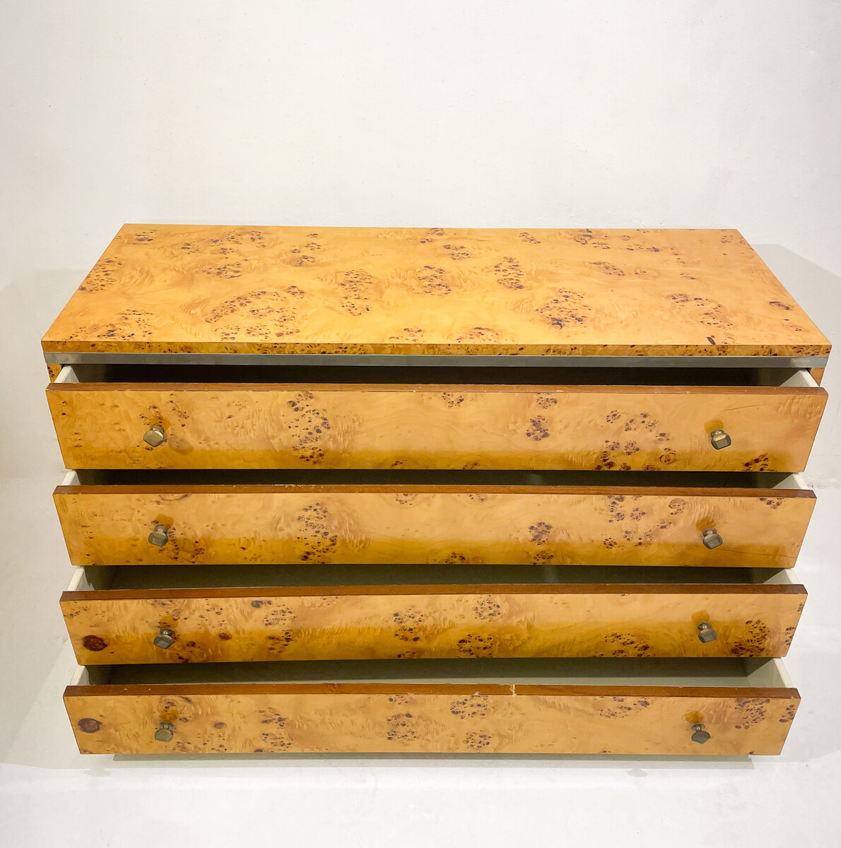 Mid-Century Modern Chest, Ash Burl and Brass, Italy, 1970s