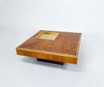 Mid-Century Modern Coffee Table, Burl Wood and Brass, 1970s