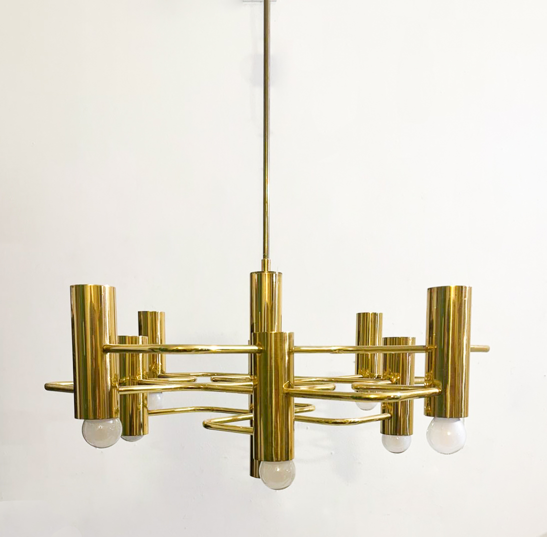 Mid-Century Modern Gilded Brass Chandelier by Gaetano Sciolari for Boulanger, Italy, 1970, 2 available