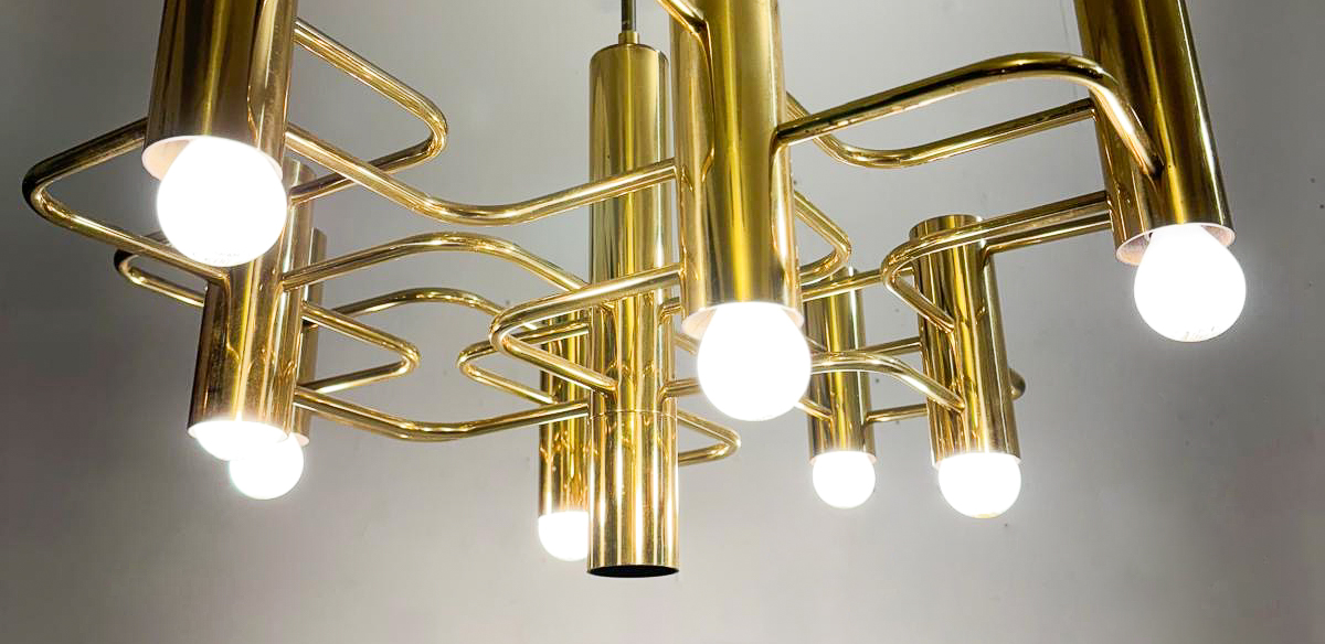 Mid-Century Modern Gilded Brass Chandelier by Gaetano Sciolari for Boulanger, Italy, 1970, 2 available