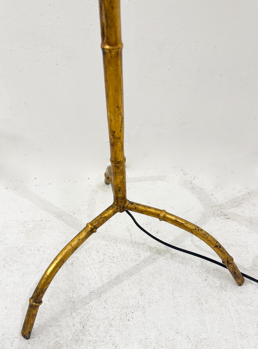 Mid-Century Modern Gold Metal Faux Bamboo Floor Lamp, in the style of Maison Baguès, France