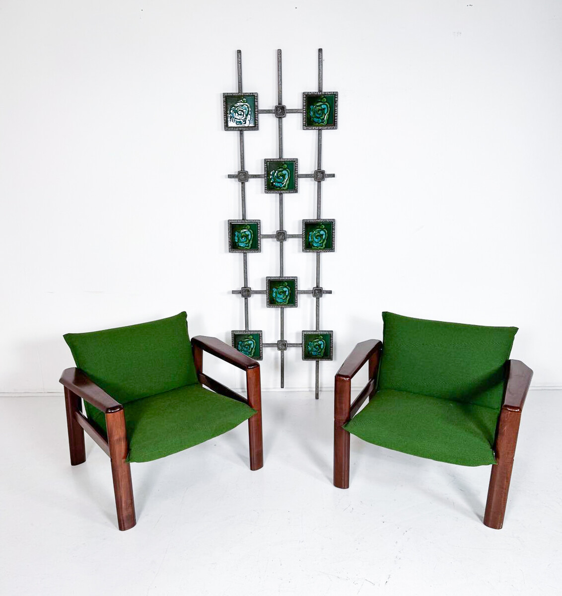 Mid-Century Modern Pair of Armchairs, Green Fabric and Wood, Italy, 1960s