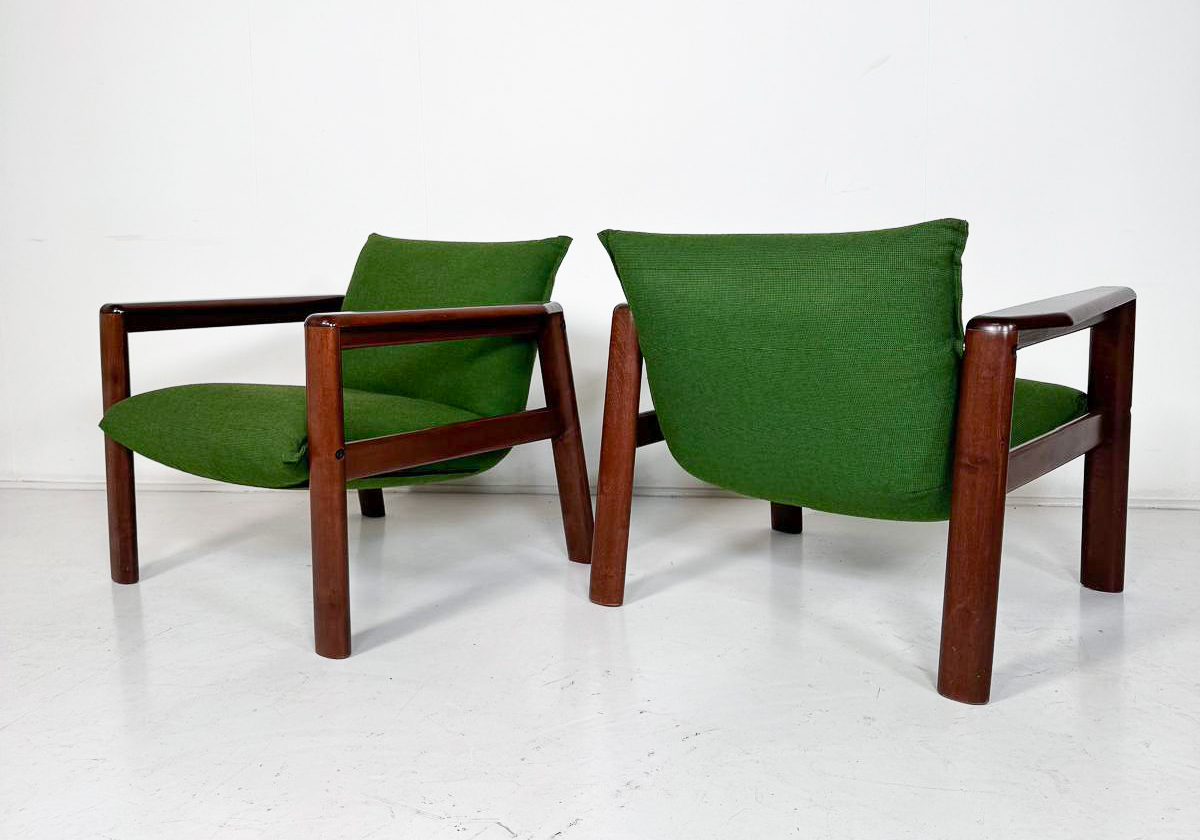 Mid-Century Modern Pair of Armchairs, Green Fabric and Wood, Italy, 1960s