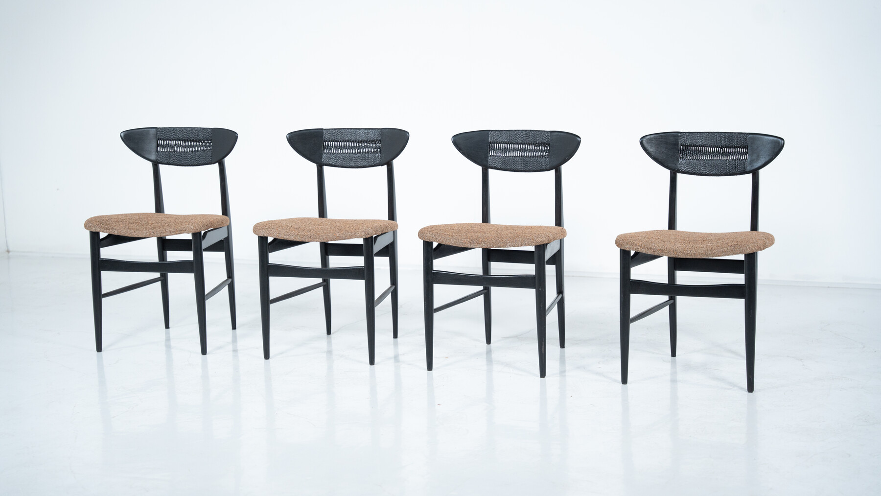 Mid-Century Modern Set of 4 Chairs by Hans Wegner, Black Wood and Rope, Denmark, 1950