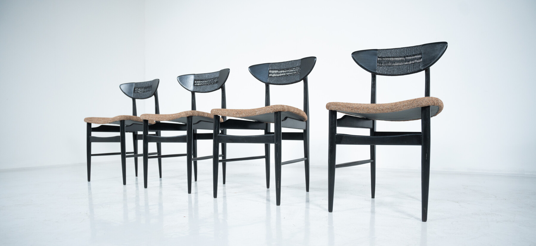 Mid-Century Modern Set of 4 Chairs by Hans Wegner, Black Wood and Rope, Denmark, 1950