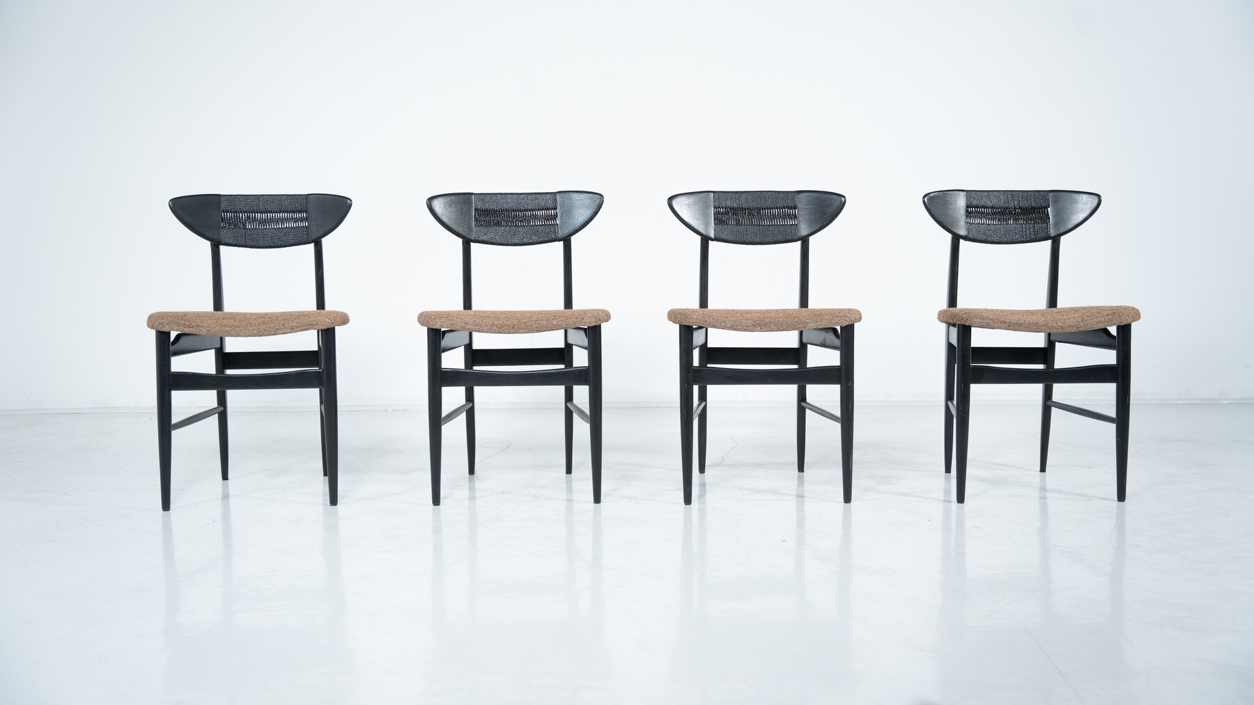 Mid-Century Modern Set of 4 Chairs by Hans Wegner, Black Wood and Rope, Denmark, 1950