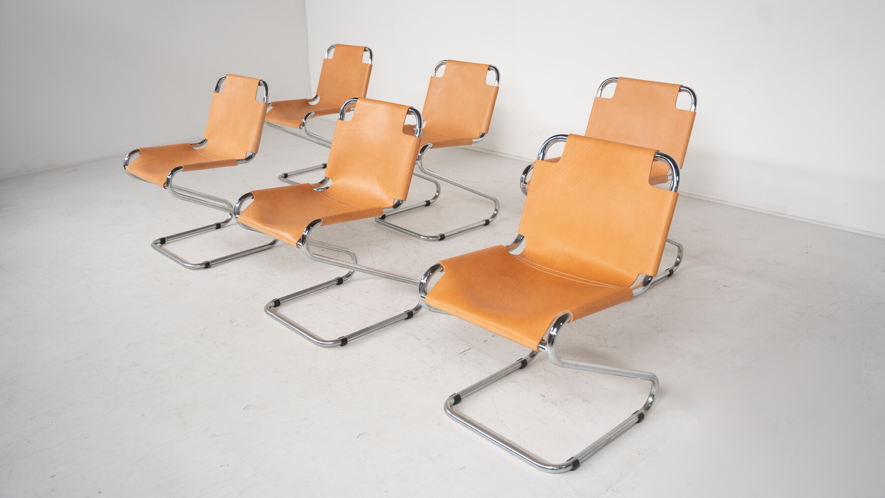 Mid-Century Modern set of 6 Armchairs, Chrome and Leather, 1970s