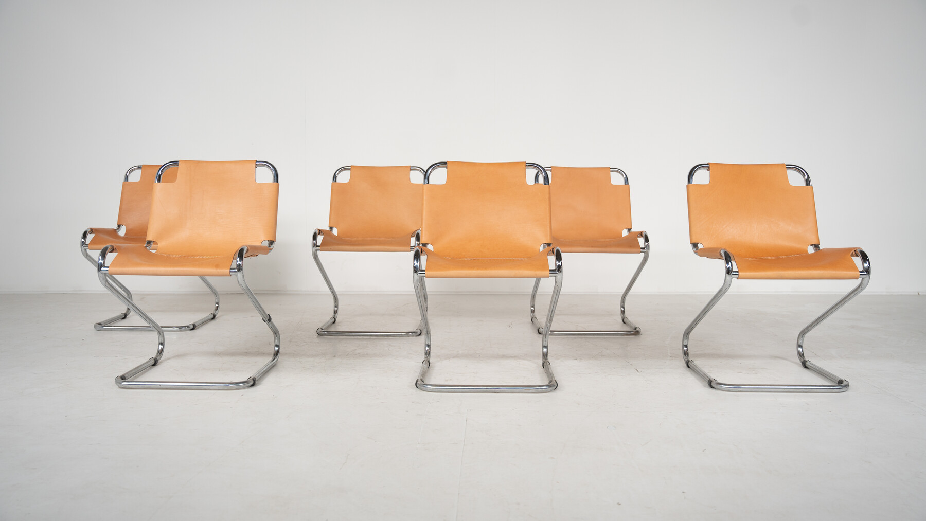 Mid-Century Modern set of 6 Armchairs, Chrome and Leather, 1970s