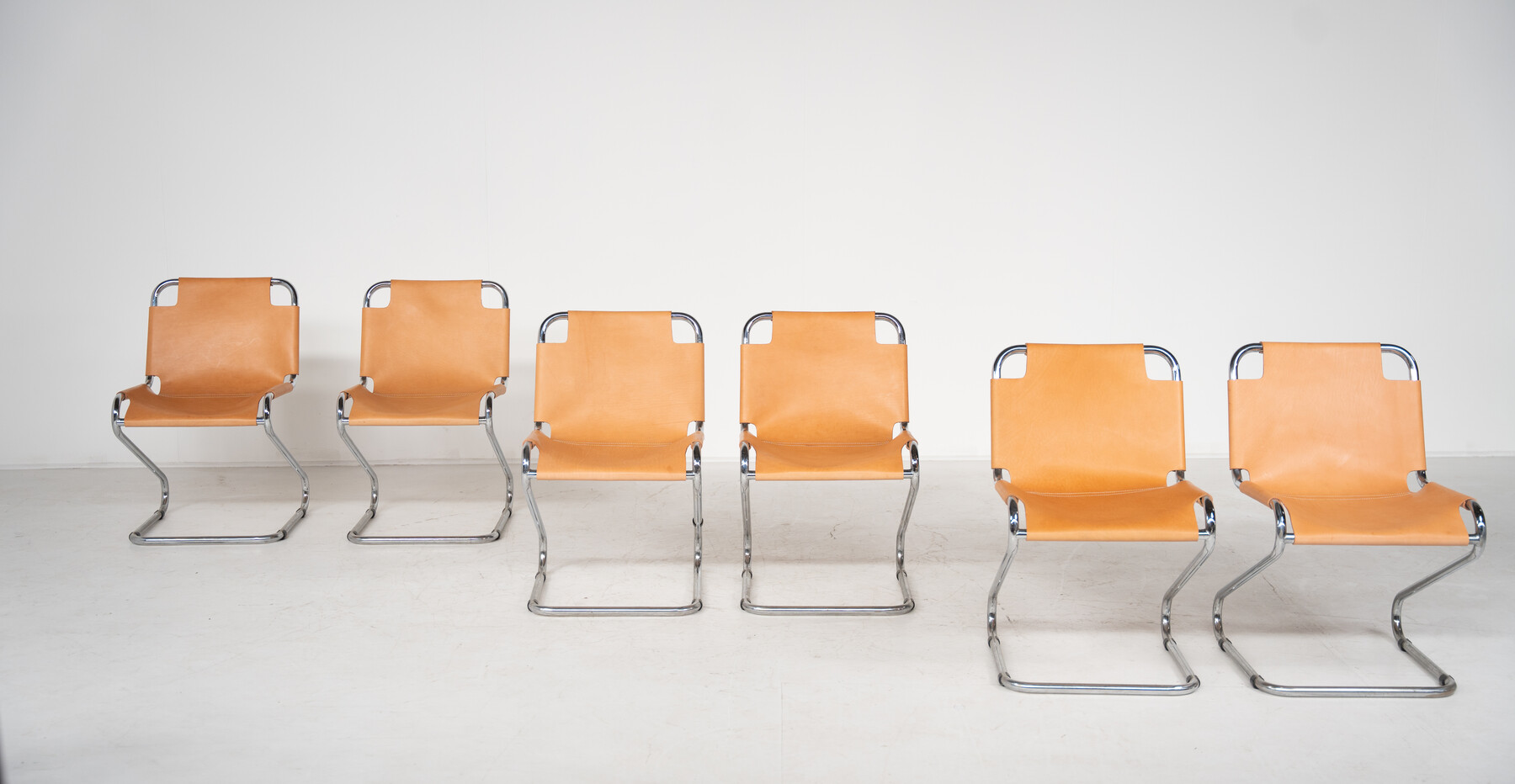 Mid-Century Modern set of 6 Armchairs, Chrome and Leather, 1970s