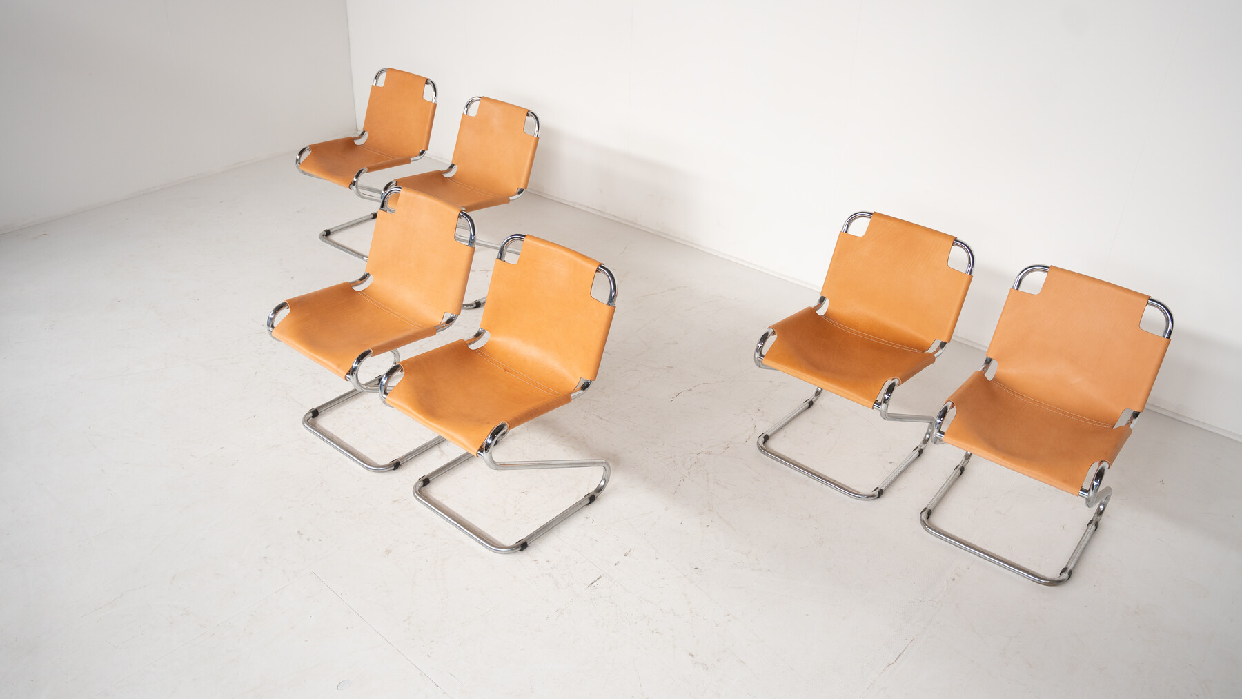 Mid-Century Modern set of 6 Armchairs, Chrome and Leather, 1970s