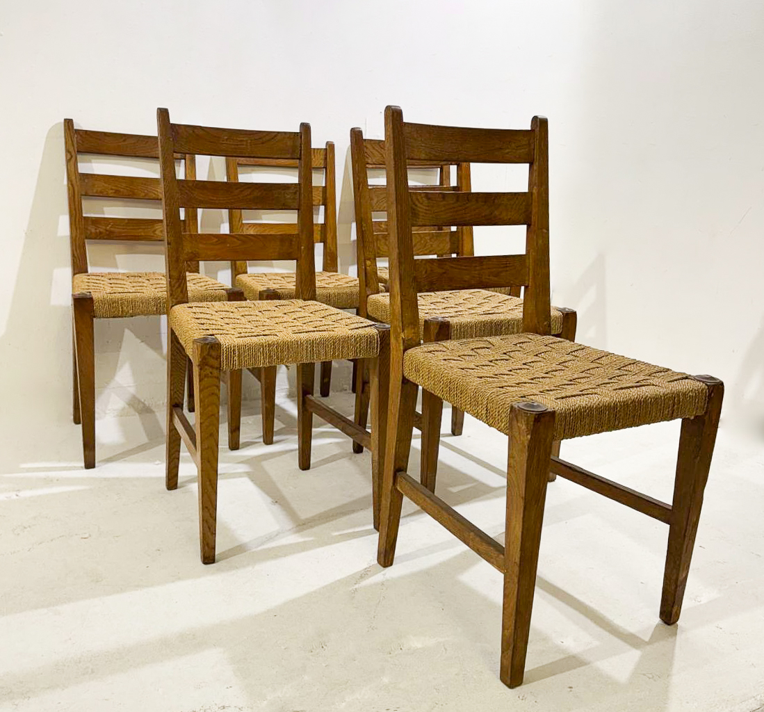 Mid-Century Modern Set of 6 Chairs, Oak and Rope, 1970s