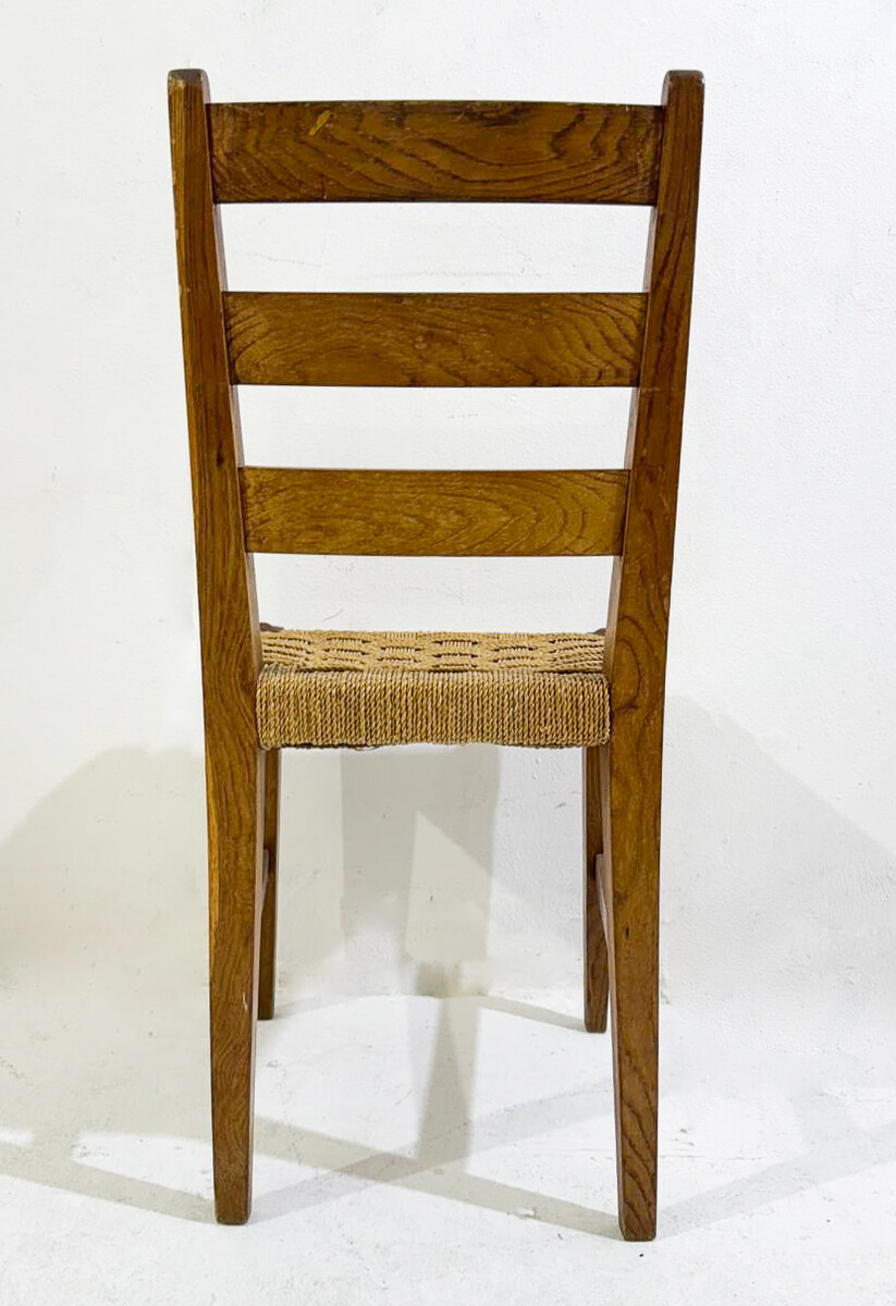 Mid-Century Modern Set of 6 Chairs, Oak and Rope, 1970s