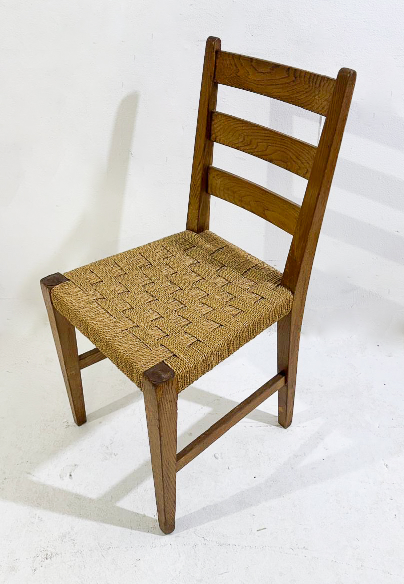 Mid-Century Modern Set of 6 Chairs, Oak and Rope, 1970s