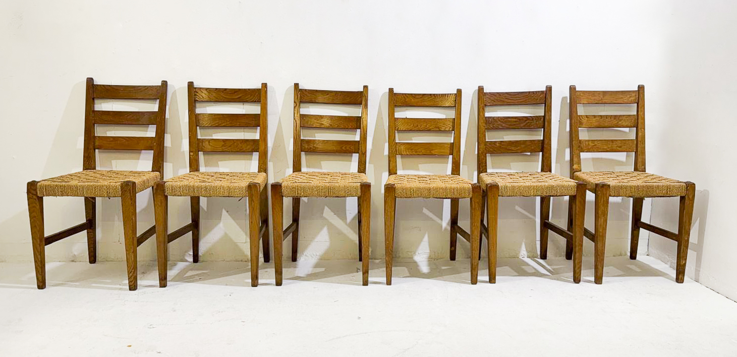 Mid-Century Modern Set of 6 Chairs, Oak and Rope, 1970s