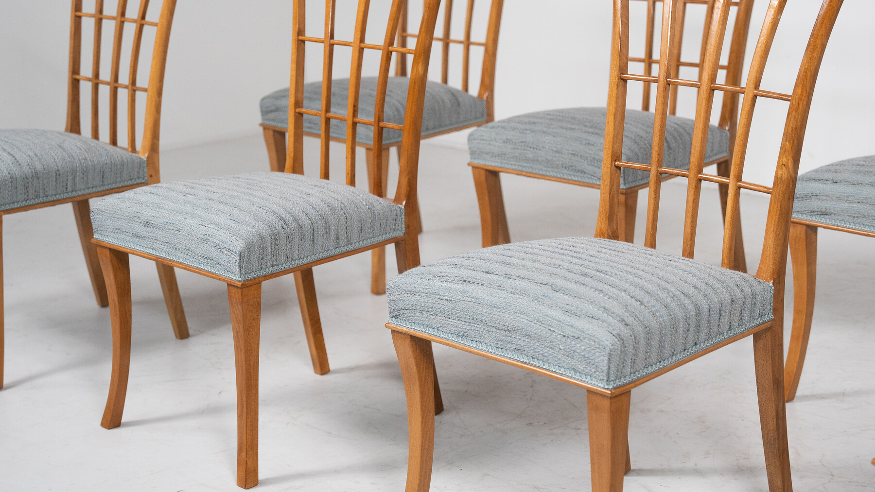 Mid-Century Modern Set of 8 Chairs, Wood and Fabric, 1950s - New Upholstery