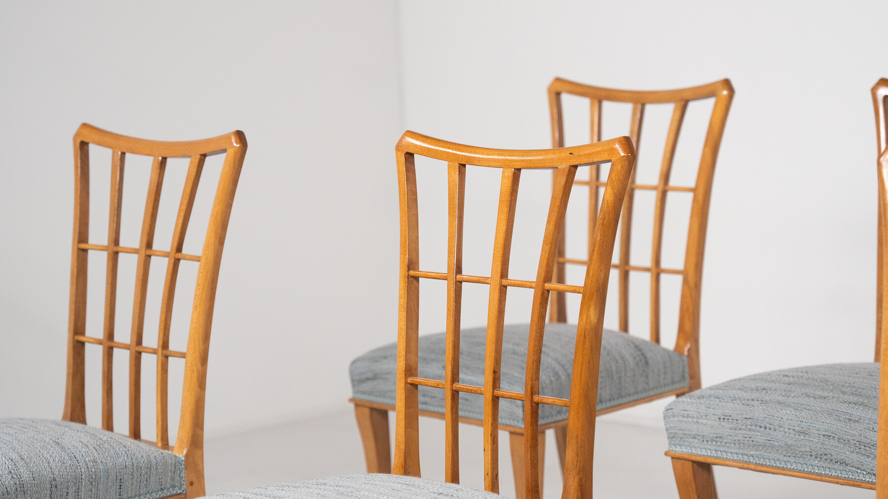 Mid-Century Modern Set of 8 Chairs, Wood and Fabric, 1950s - New Upholstery