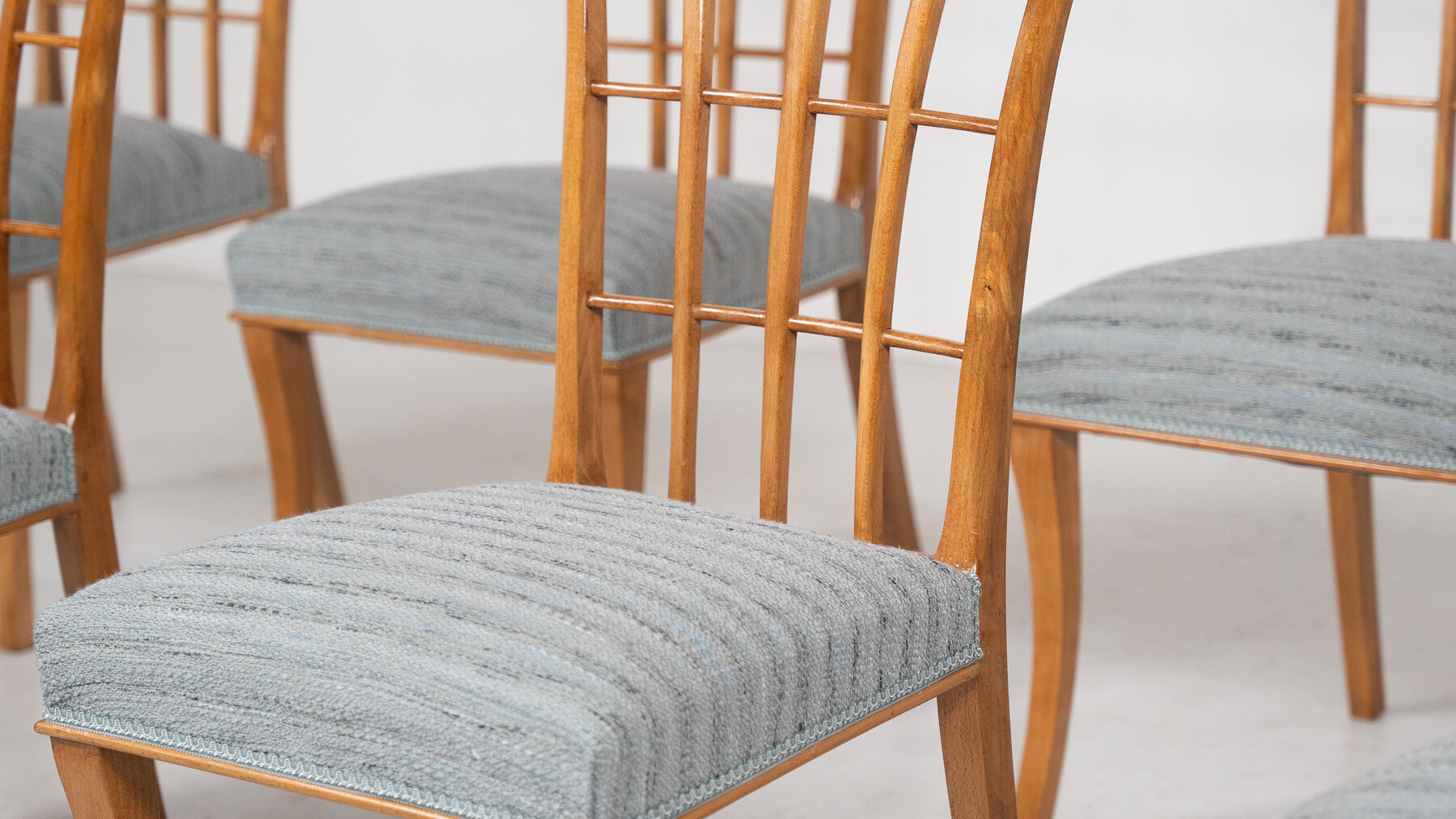 Mid-Century Modern Set of 8 Chairs, Wood and Fabric, 1950s - New Upholstery