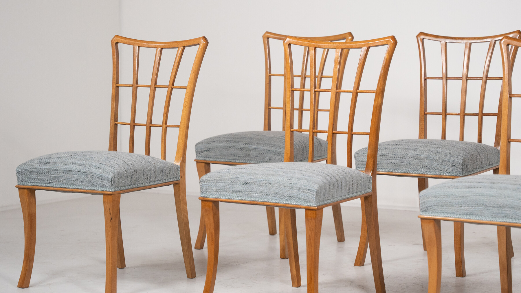 Mid-Century Modern Set of 8 Chairs, Wood and Fabric, 1950s - New Upholstery