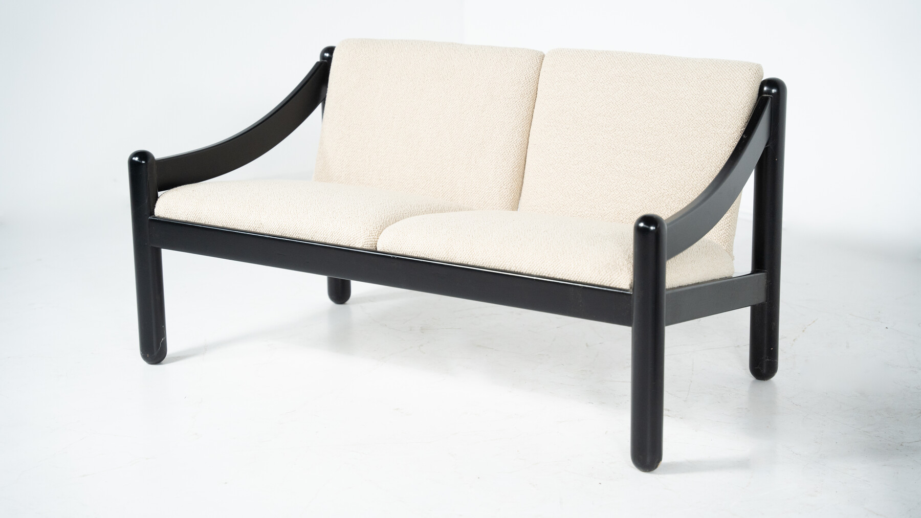 Mid-Century Modern Two Seater in Bouclé Lacquered Wood Sofa Model 