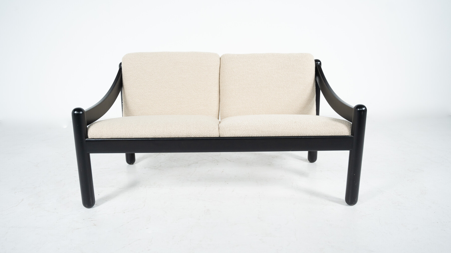 Mid-Century Modern Two Seater in Bouclé Lacquered Wood Sofa Model 