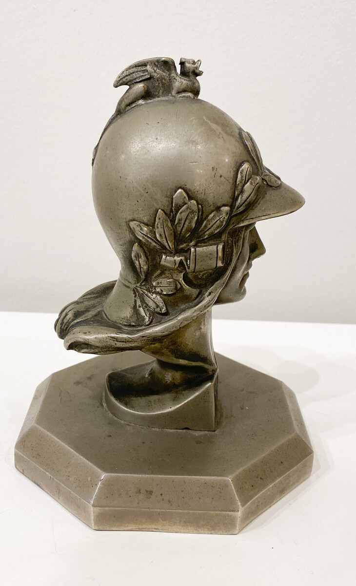 Minerva mascot in metal after Pierre de Soete, base added, 1930, Belgium