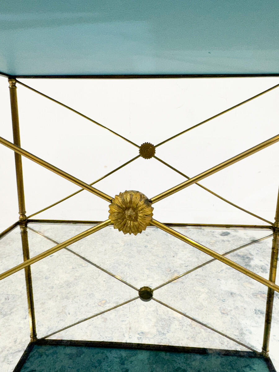 pair of side tables, brass structure and oxidized mirror tops, Maison Jansen, 1960, France