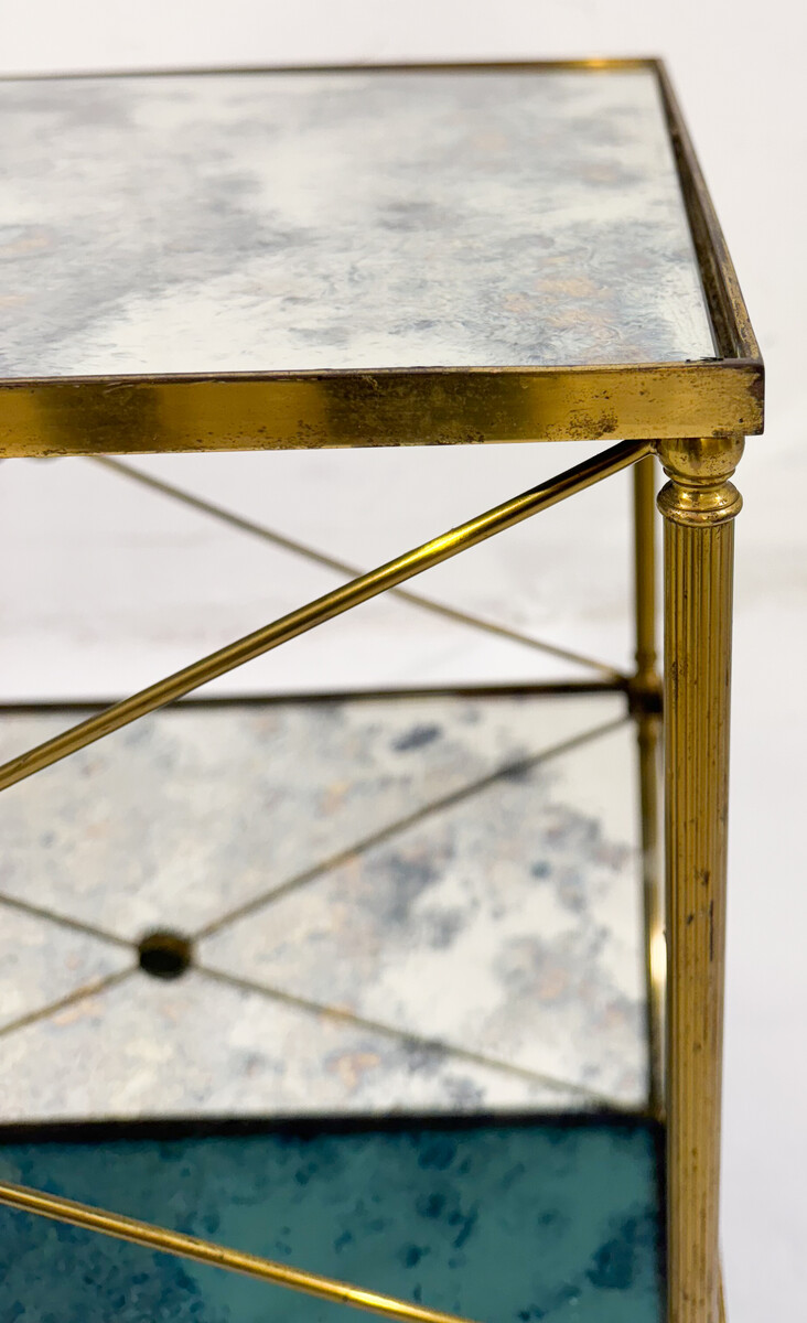 pair of side tables, brass structure and oxidized mirror tops, Maison Jansen, 1960, France