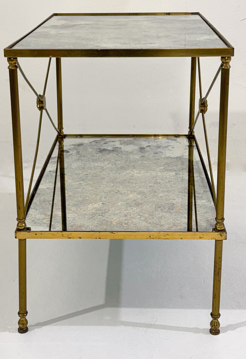 pair of side tables, brass structure and oxidized mirror tops, Maison Jansen, 1960, France