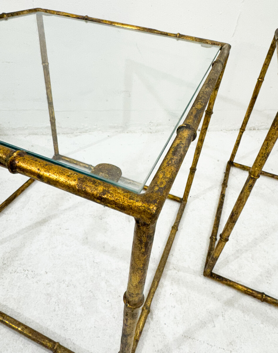 Pair of side tables in glass cube and gold metal imitation bamboo, style of Maison Baguès, Mid-century-Modern, France