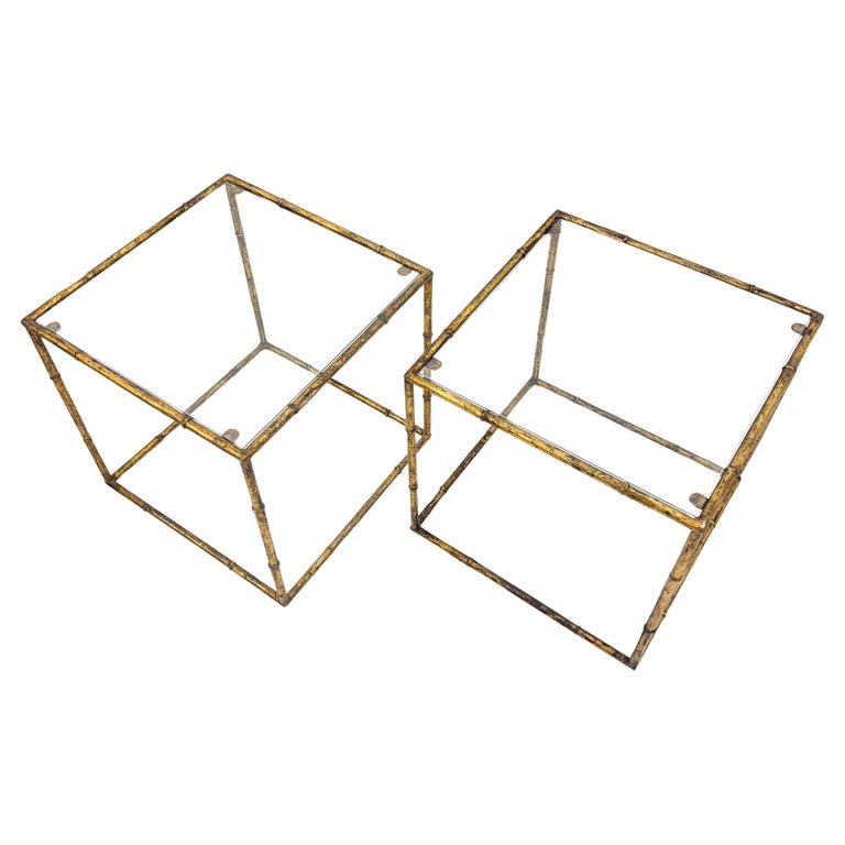 Pair of side tables in glass cube and gold metal imitation bamboo, style of Maison Baguès, Mid-century-Modern, France