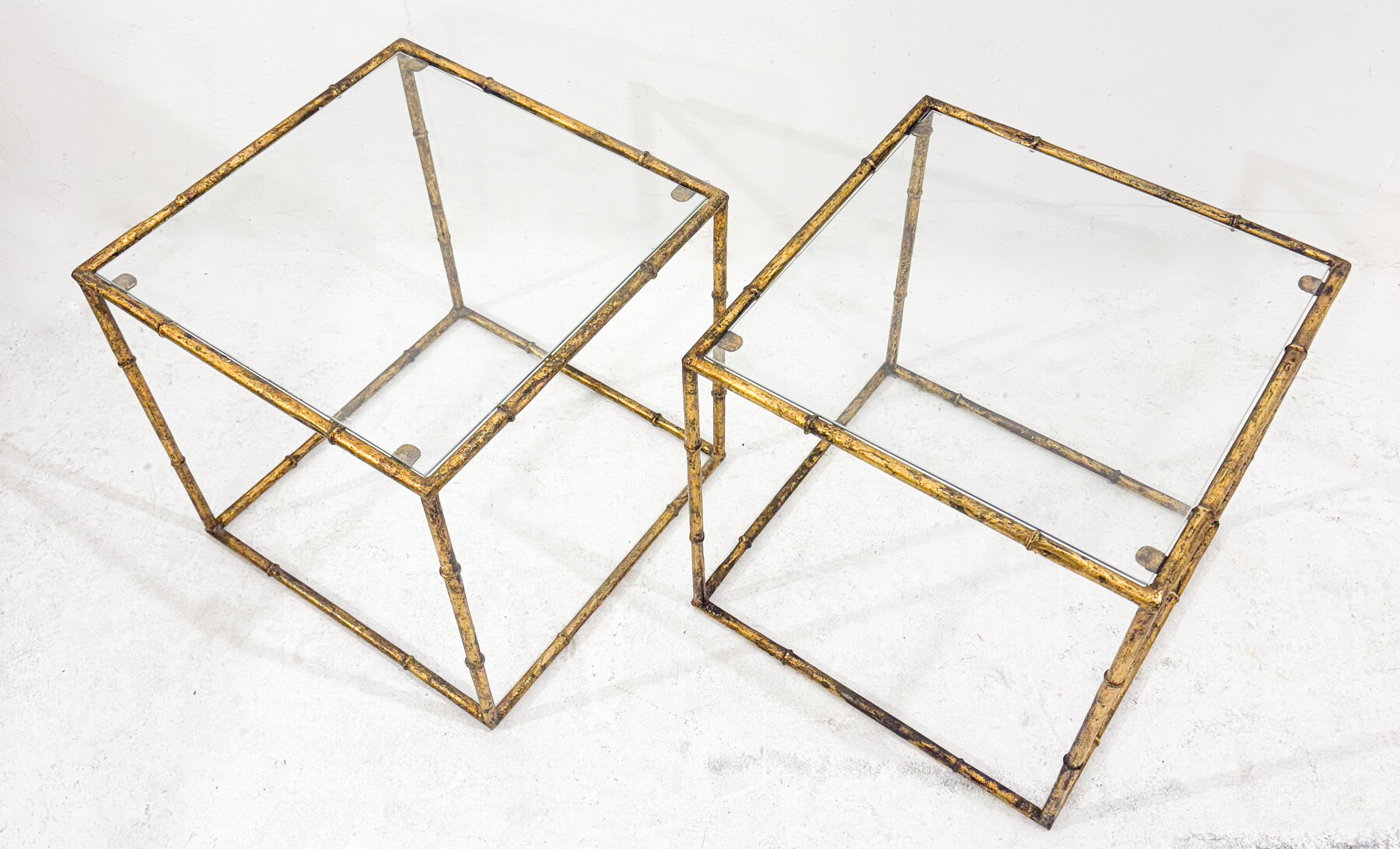 Pair of side tables in glass cube and gold metal imitation bamboo, style of Maison Baguès, Mid-century-Modern, France