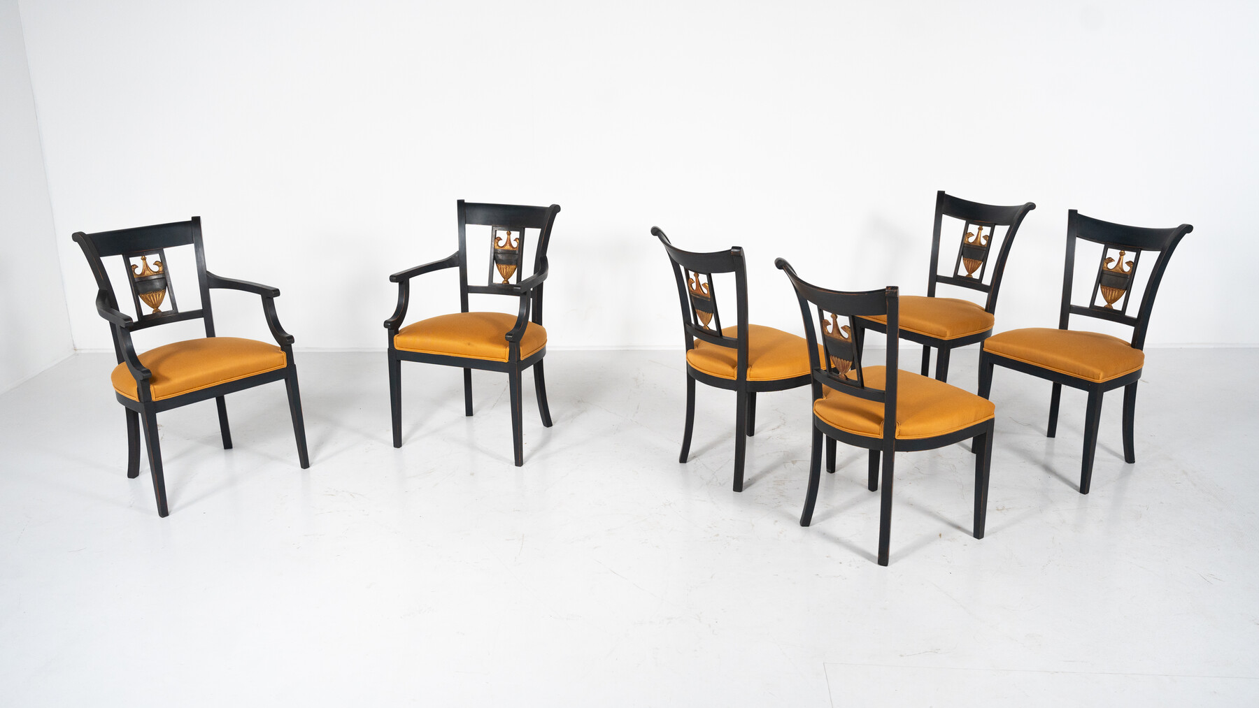 Set of 2 Black and Gold Armchairs and 4 Chairs , Empire style