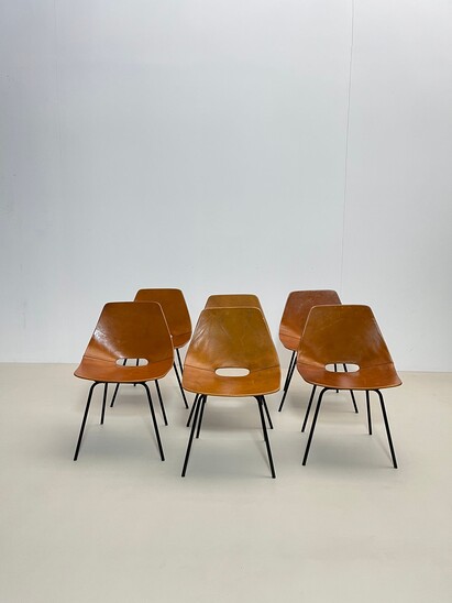 6 vintage Tonneau chairs in brown leather and metal by Pierre Guariche for  Maison du Monde